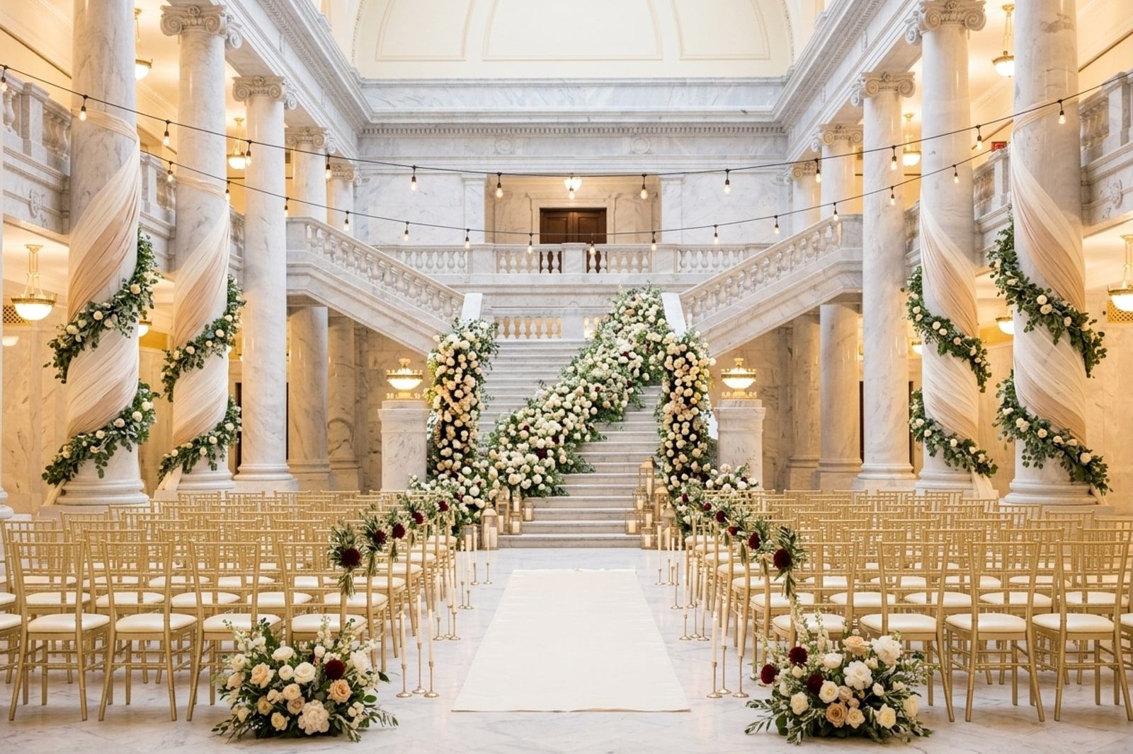 The same venue restyled with cream florals, ivory drapery, and string lights